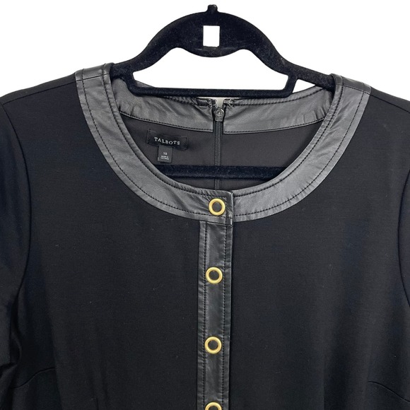 Talbots Snap Button Front Faux Leather Trim Shift Dress Black Gold 10 - Picture 3 of 7